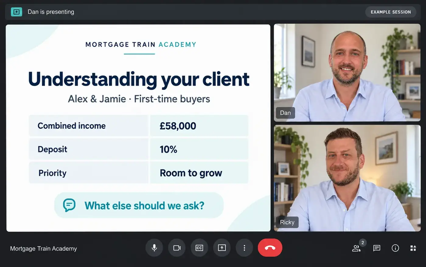 Illustrative online training session: Dan presents a slide called Understanding your client, about first-time buyers Alex and Jamie, while Dan and Ricky appear in video tiles.